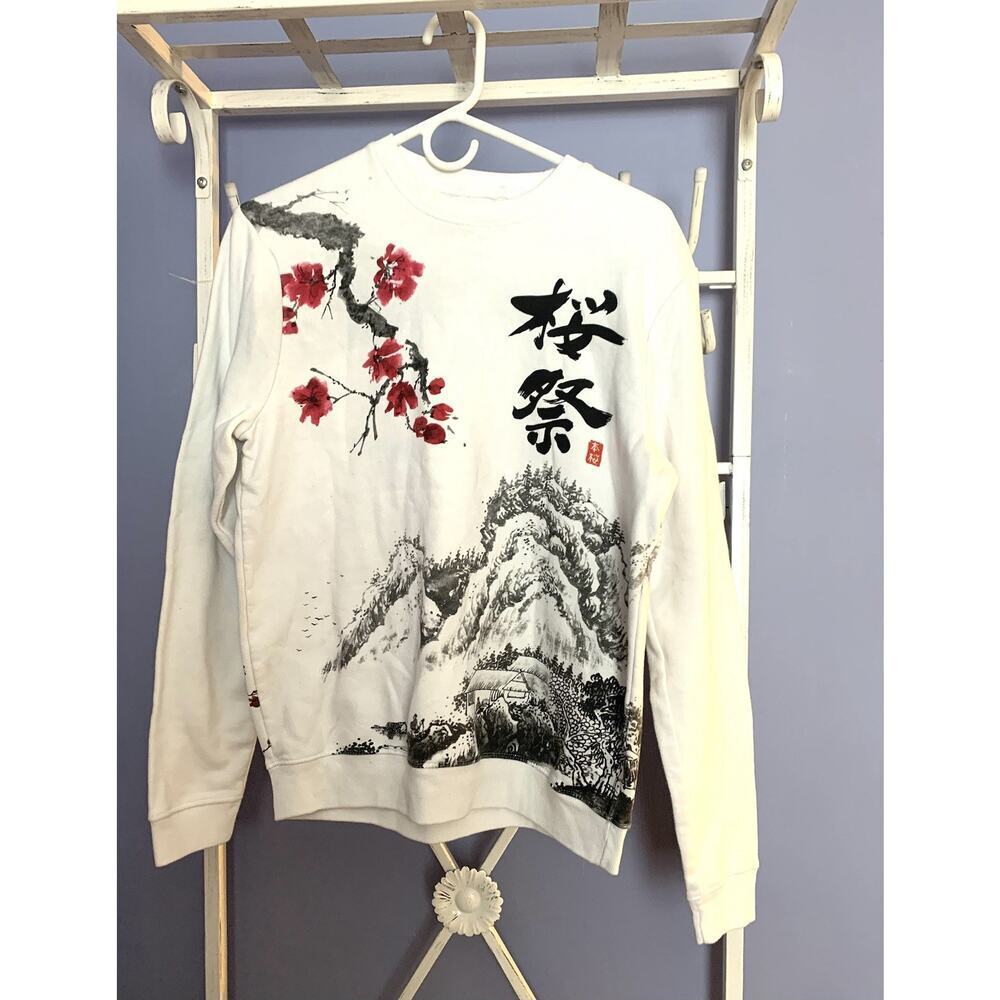 Blind Rooster white unisex asian inspired cherry blossom sweater Sm